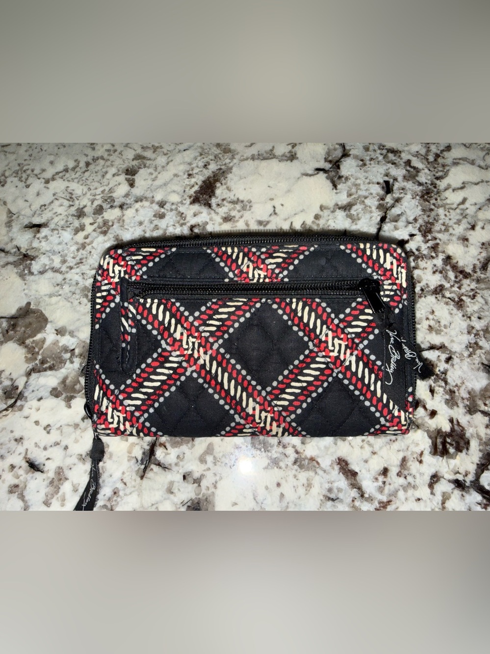 Vera Bradley Black Quilted Wallet with Red and Cream Plaid Accents